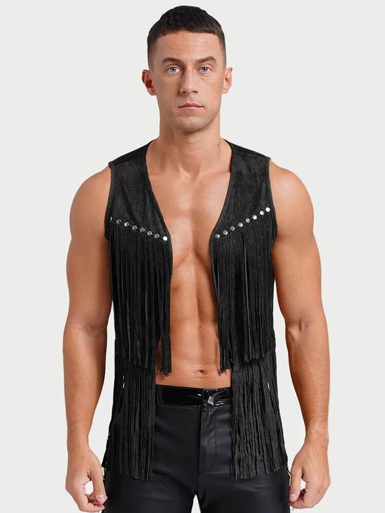 Men's V-Neck Studded Fringe Vest Jacket
