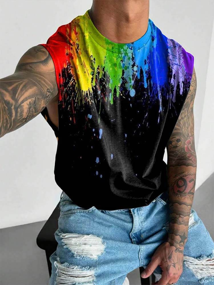 Men's Rainbow Ink Splash Print Wide Shoulder Vest