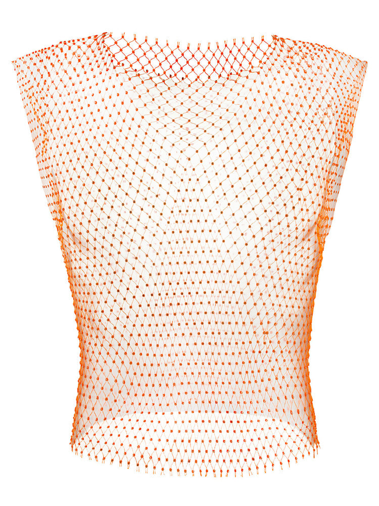 Men's Rhinestone See Through Fishing Net Cutout Nylon Vest Shorts Two Piece Set - Orange
