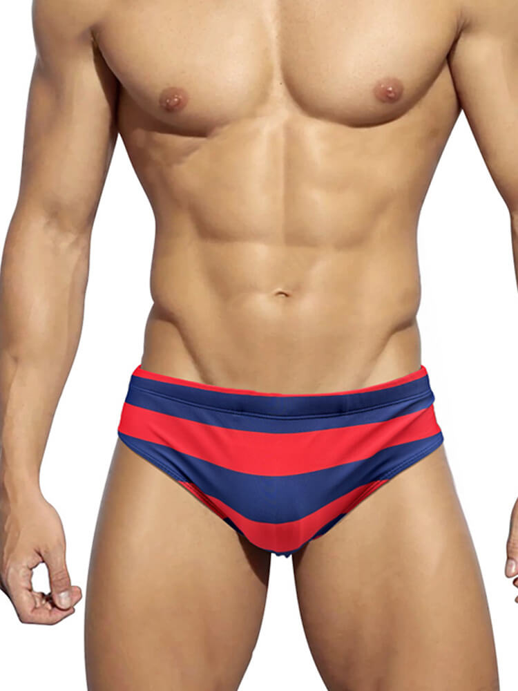 Men's Stylish Red Blue Striped Beach Swim Briefs