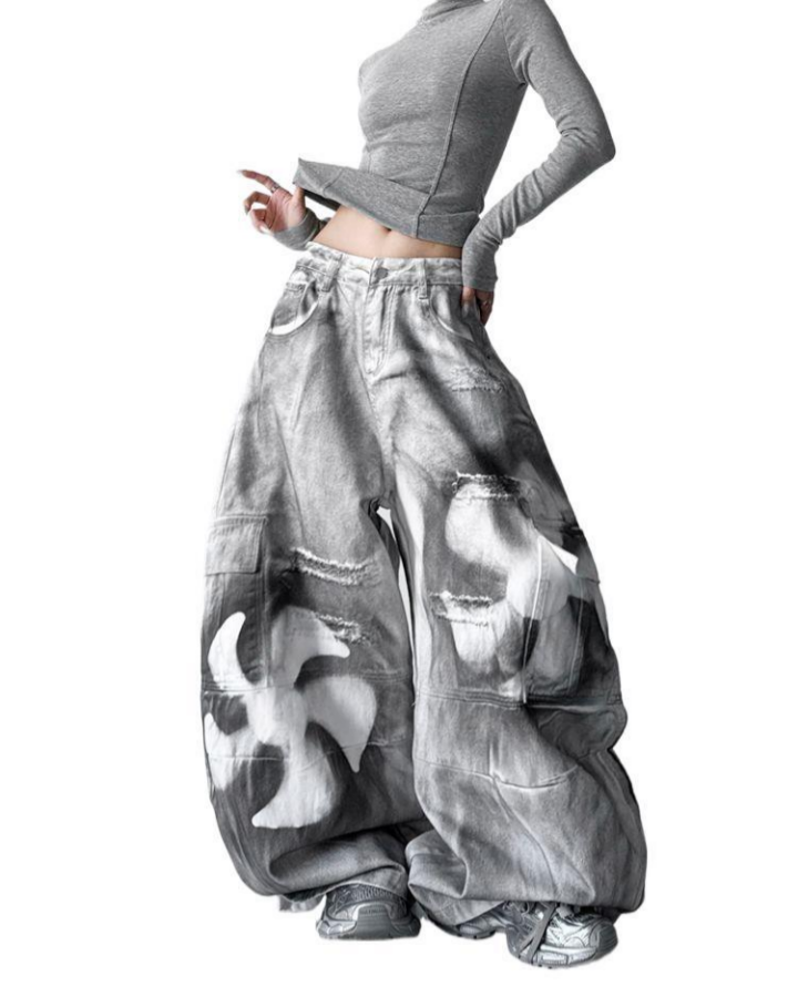 Painted Fan Design Denim Pants