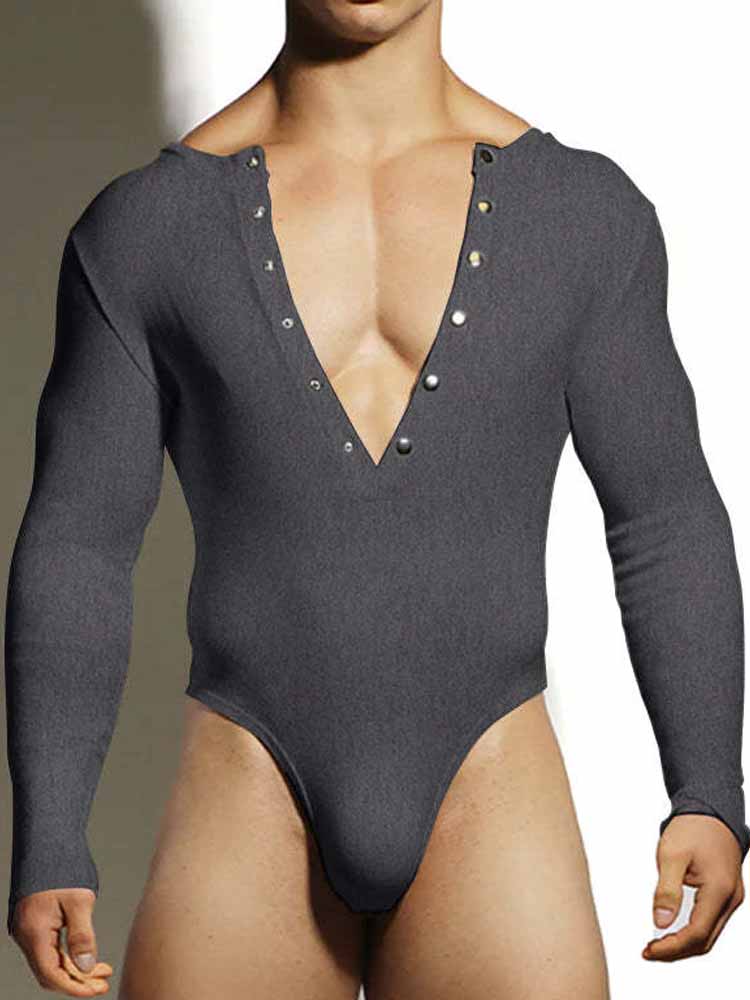 Men's Sexy Stretch Slim Long Sleeve Thong Bodysuit