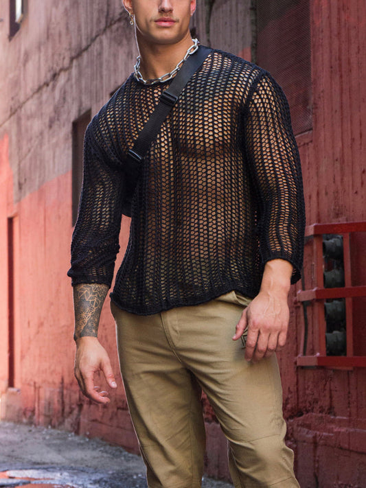 Men's Hollow Black Loose Long Sleeve Top