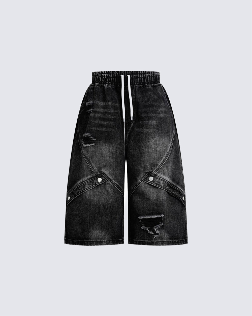 Grunge Drawstring Panel Distressed Wide Denim Shorts