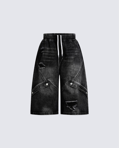 Grunge Drawstring Panel Distressed Wide Denim Shorts