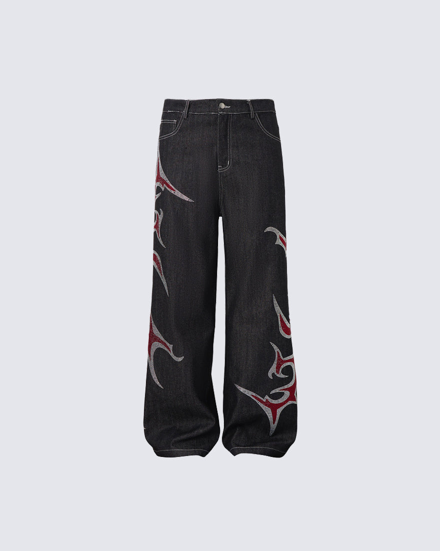 New Rhinestone Flame Denim Jeans