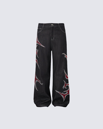 New Rhinestone Flame Denim Jeans