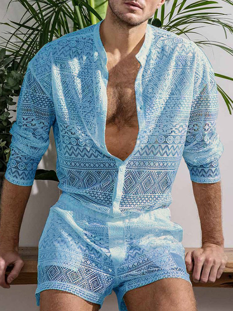Men's Lace Shirt Shorts Two Piece Set - Blue
