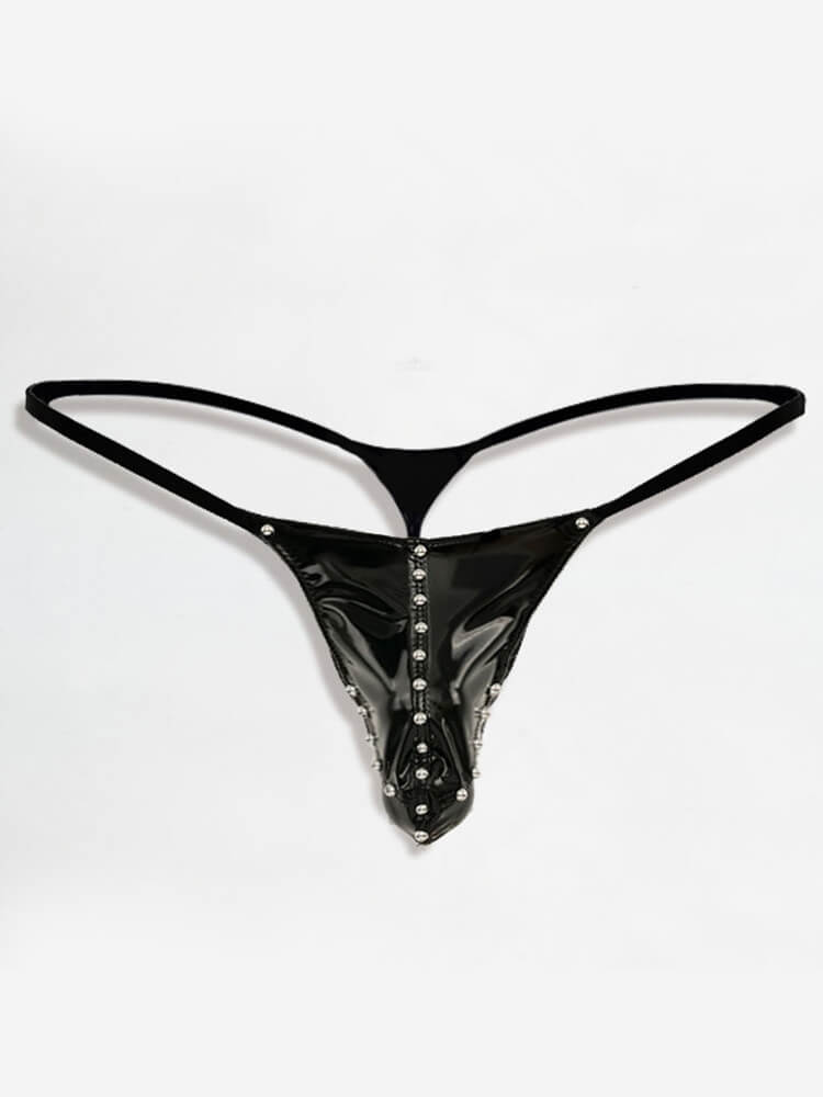 Men's Sexy Low-Rise Patent Leather Studded Thong