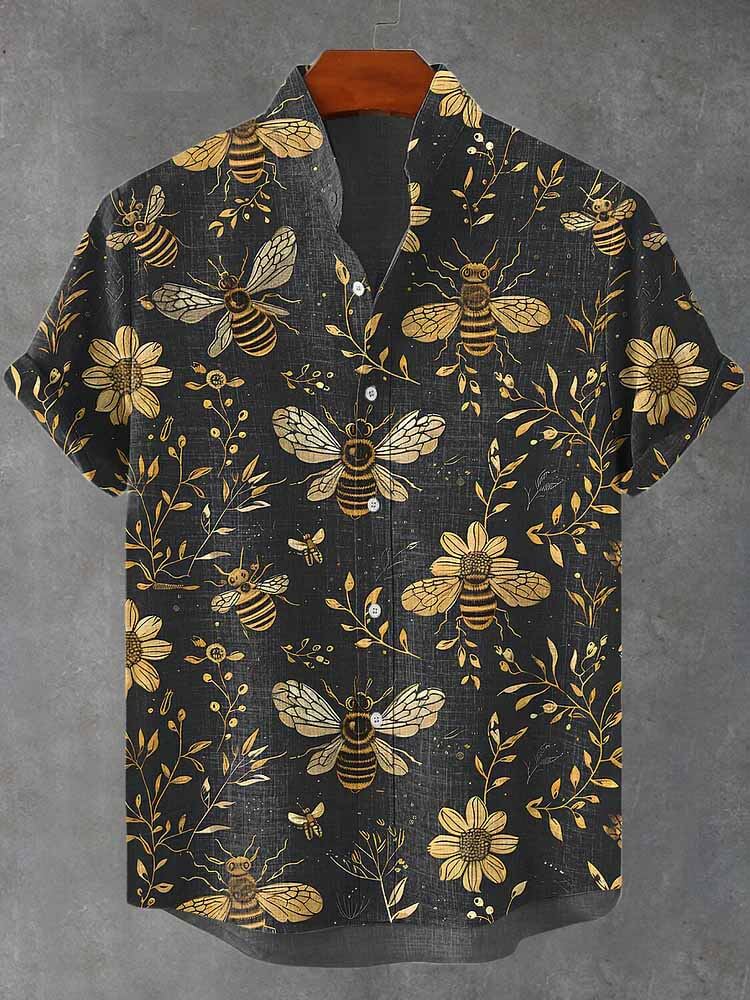 Men's Vintage Floral Bee Print Short-Sleeved Shirt