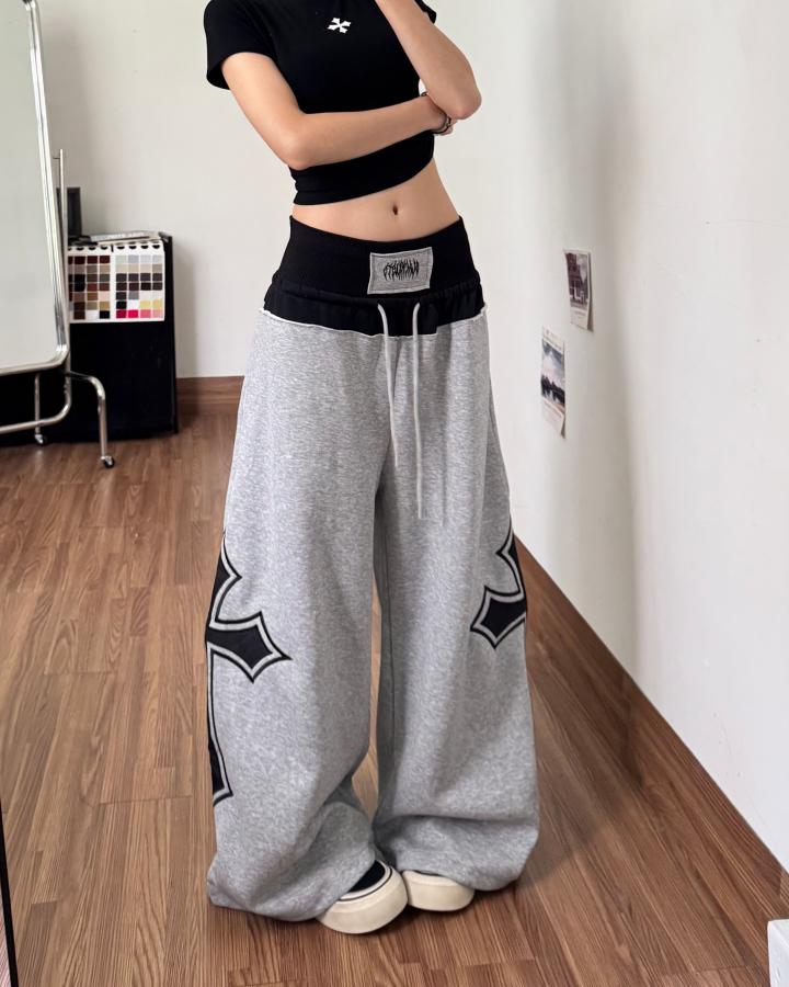 KIIKIO Y2K Color-Block Cross Pattern Baggy Pants