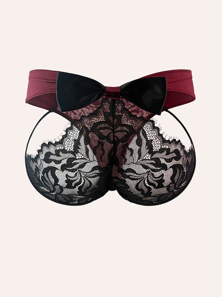 Men's Sexy Black Lace Satin Ribbon Bow Sheer Briefs