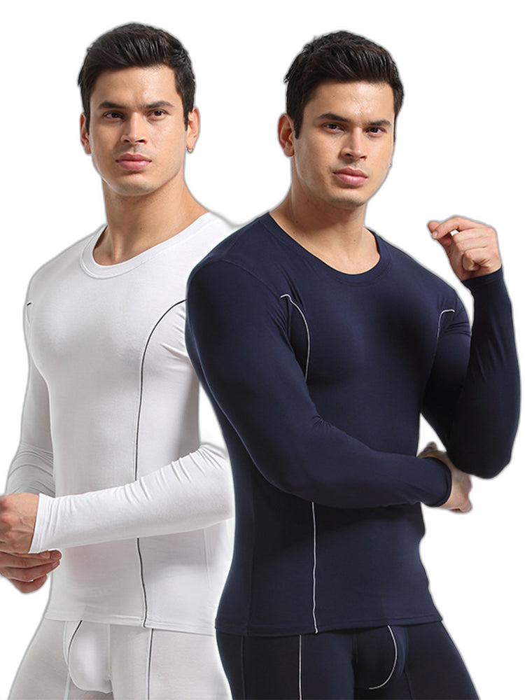 Men's Round Neck Solid Color Bamboo Fiber Thermal Underwear Set