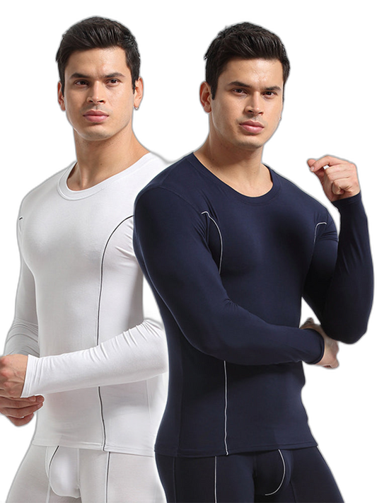 Men's Round Neck Solid Color Bamboo Fiber Thermal Underwear Set