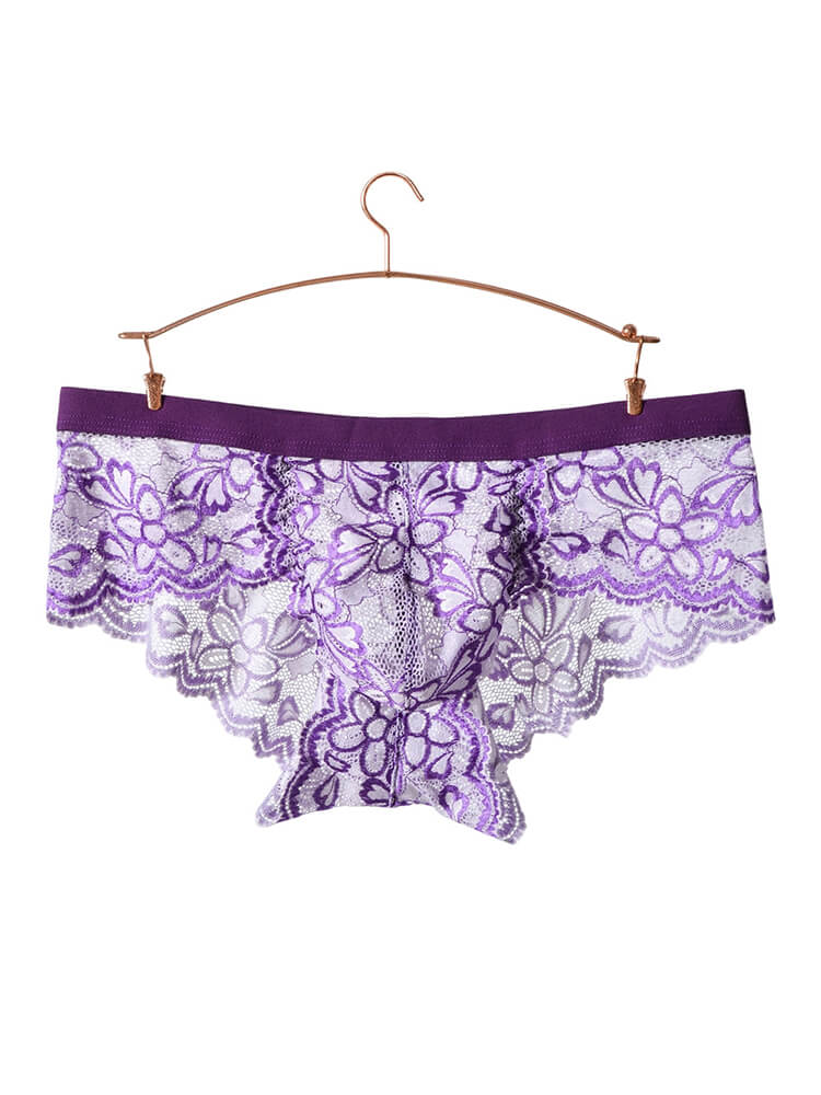Men's Floral Embroidered Mesh Lace Trim Briefs