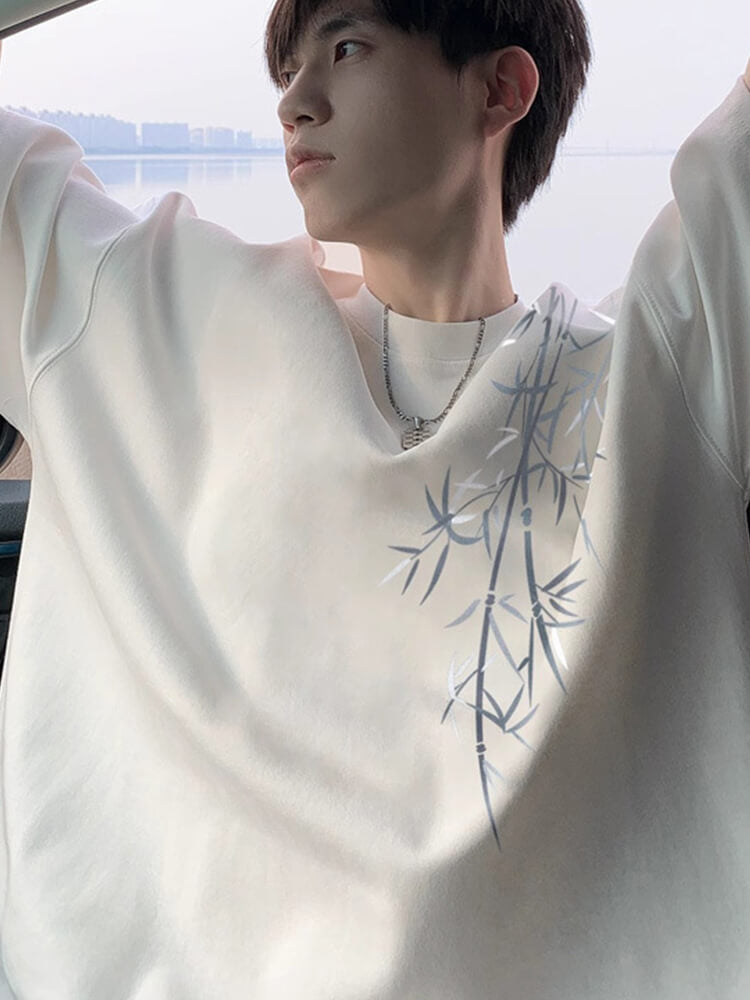 Men's Chinese-Style Bamboo Print Loose T-Shirt