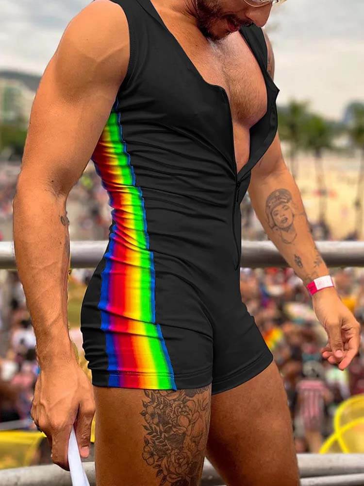 Men's Rainbow Stripe Pattern Contrast Bodysuit - Black