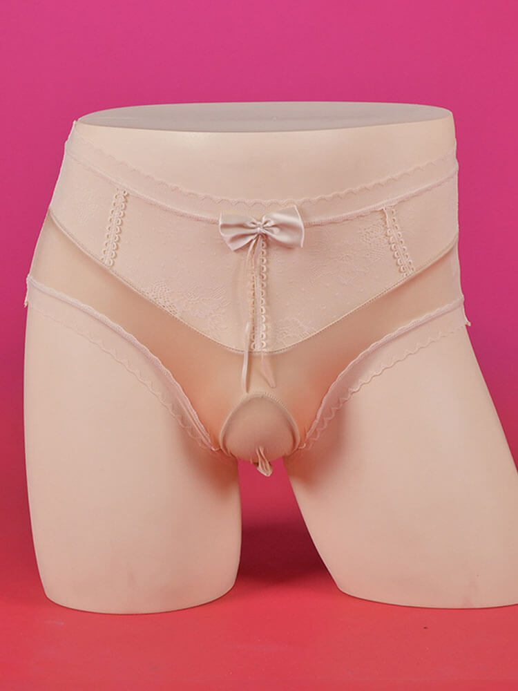 Men's Sexy Bow Openwork Lace Solid Color Briefs