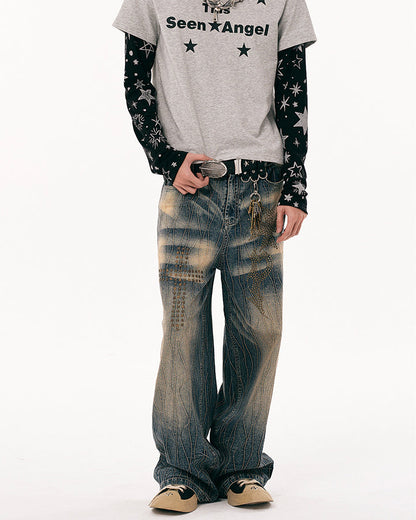 New Vintage Y2K Washed Cross Star Rhinestone Jeans