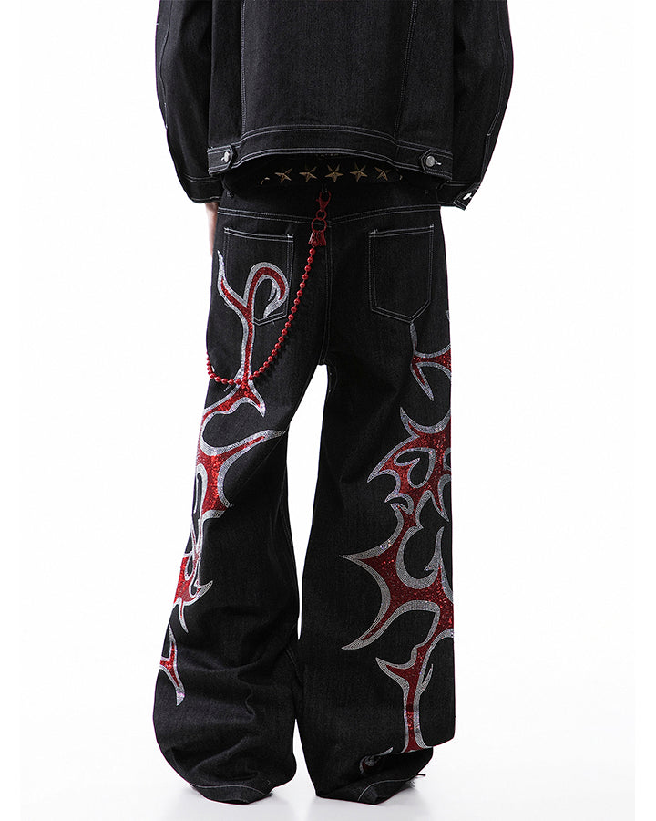 New Rhinestone Flame Denim Jeans