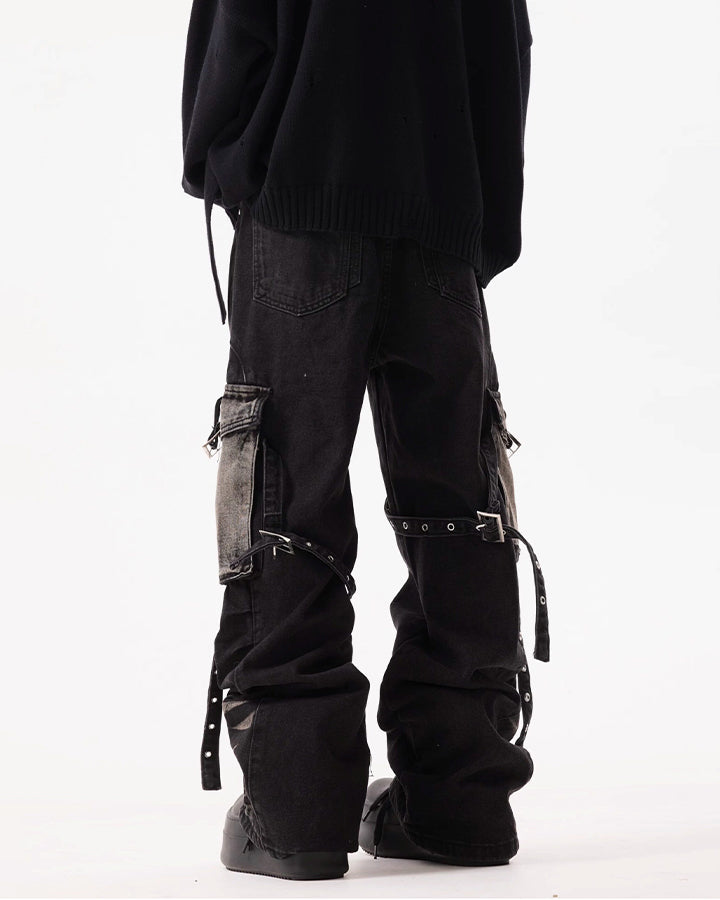 KIIKIO Gothic Strappy Cargo Wide Denim Pants