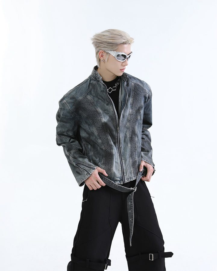 New Red Gothic Washed Belted Cropped Biker Jacket