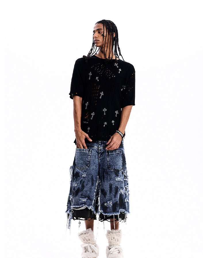 New Dirty-Washed Distressed Men’s Denim Mid Shorts