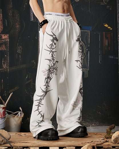 Y2K Dark Dragon Rose Rhinestone Straight Leg Sweatpants