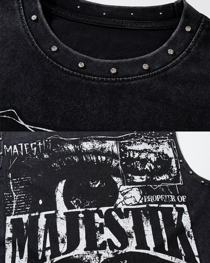 Grunge Studded Washed New Graphic Sleeveless Tank Top