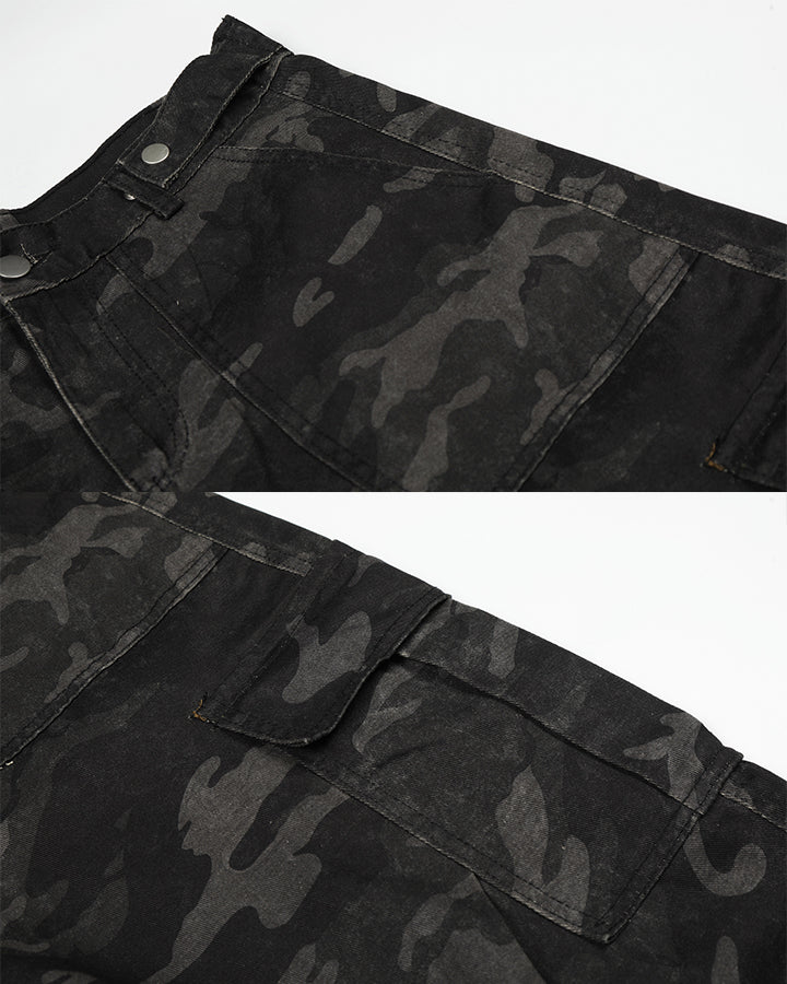 KIIKIO Utility Camo Cargo Pocket Wide Denim Shorts