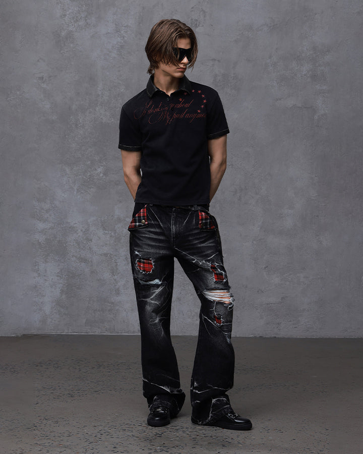 KIIKIO Vintage Plaid Patch Distressed Flared Jeans