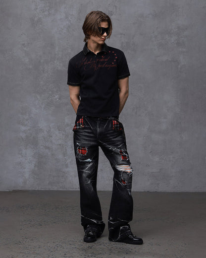 KIIKIO Vintage Plaid Patch Distressed Flared Jeans