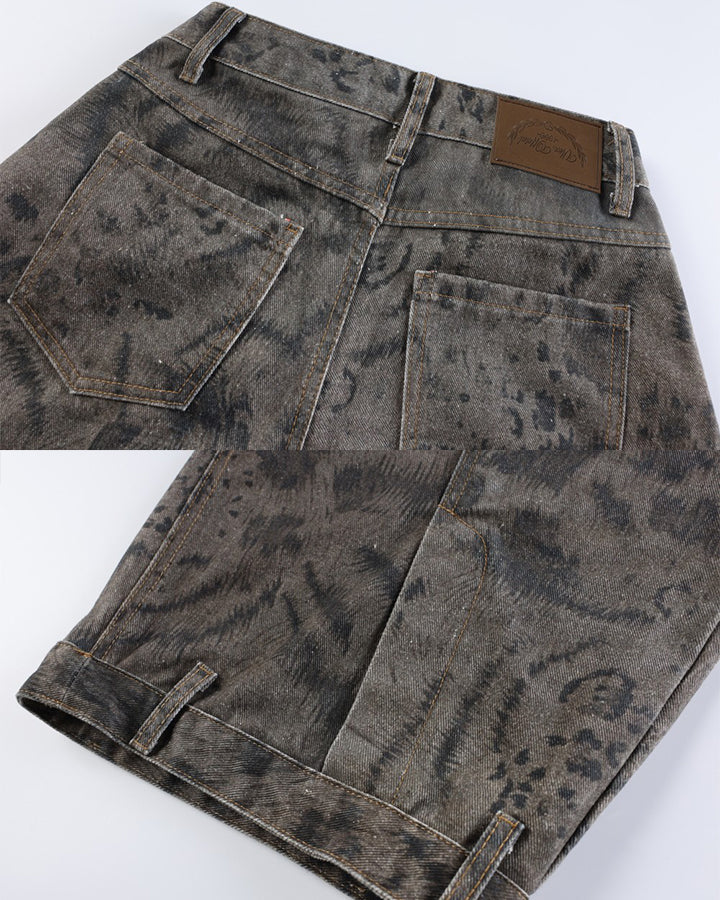 Leopard Double Animal-Texture Washed Wide-Leg Jeans