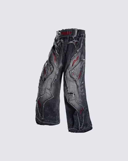 New Dark Washed Red Embroidery Flared Denim Jeans