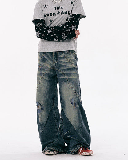 New Vintage Grunge Washed Patchwork Wide Barrel Jeans