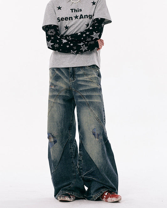 New Vintage Grunge Washed Patchwork Wide Barrel Jeans
