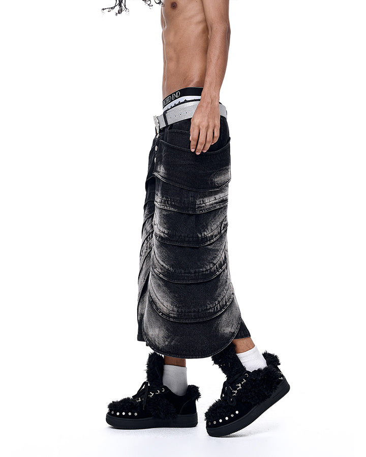 New Deconstructed Washed Layered Wave Denim Shorts