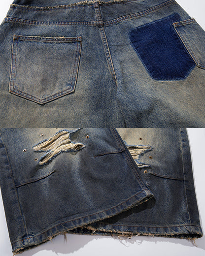 Vintage Distressed Washed Denim Cropped Shorts