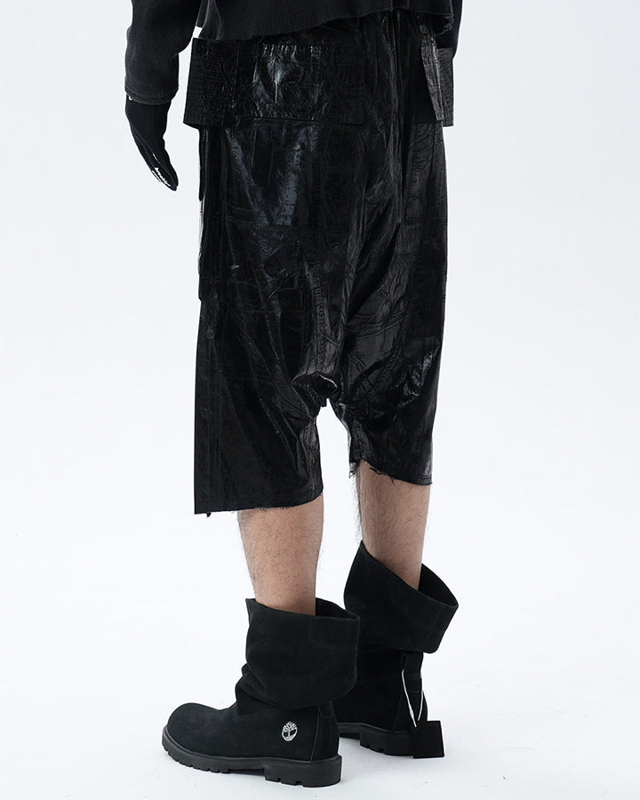 New Glossy Coated Gothic Cargo Denim Shorts