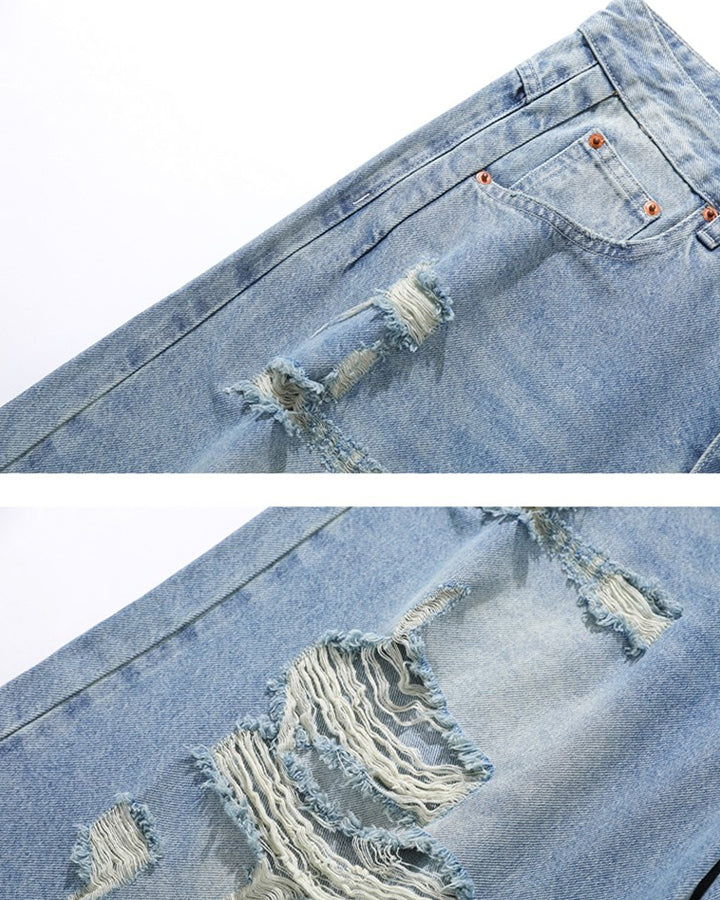 KIIKIO Vintage Light-Wash Distressed Wide Denim Shorts