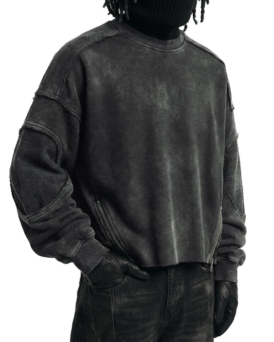 LOW SATURATION-Washed Zip Detail Cropped Sweatshirt