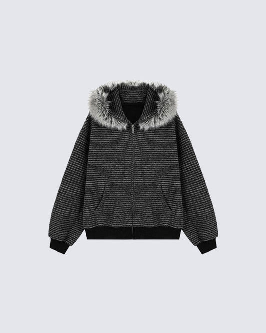Striped Hoodie Jacket with Fur Trim