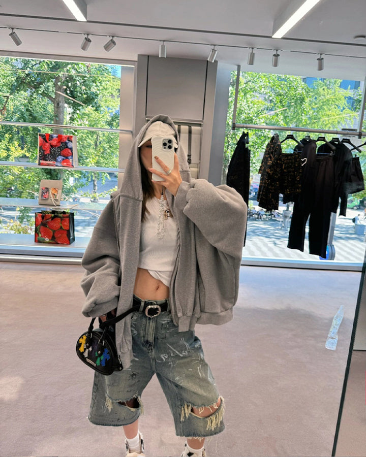 High Street New Graffiti Distressed Wide Denim Shorts