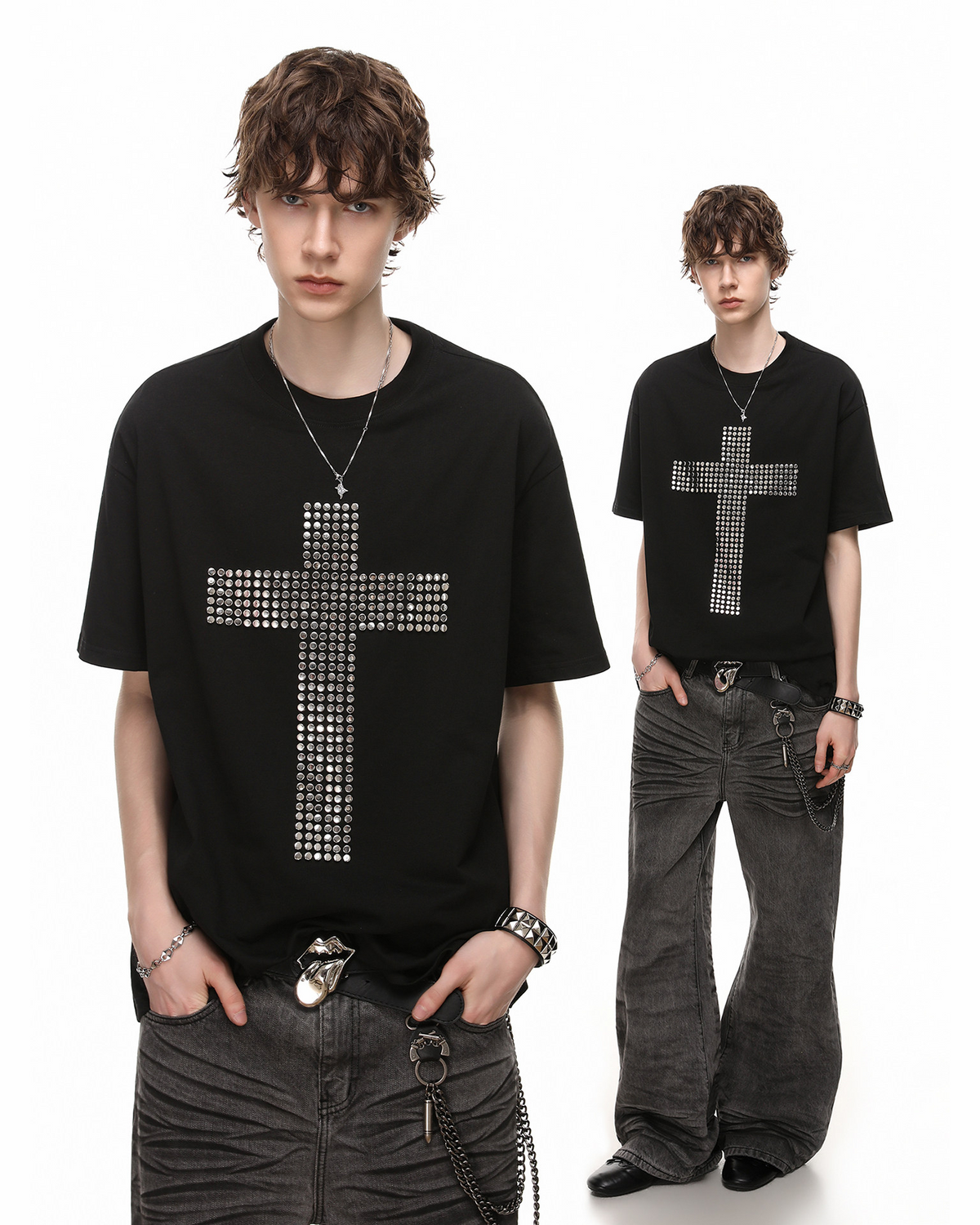 Vintage Cross Rhinestone Black Short Sleeve T-Shirt