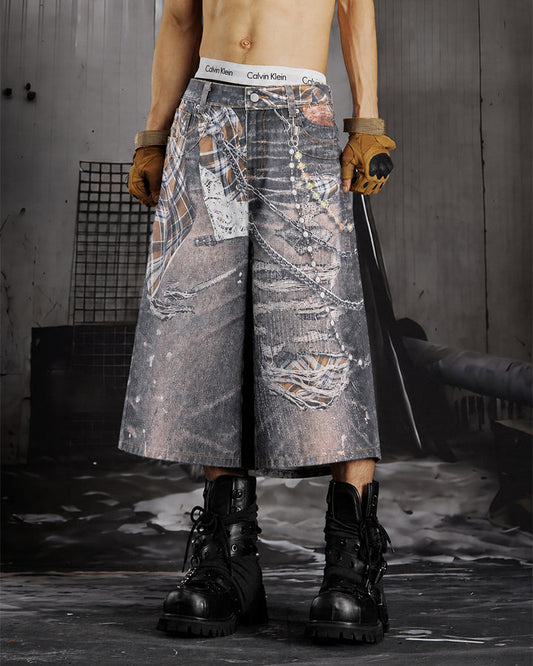 Wasteland Plaid Chain Print Wide Denim Shorts