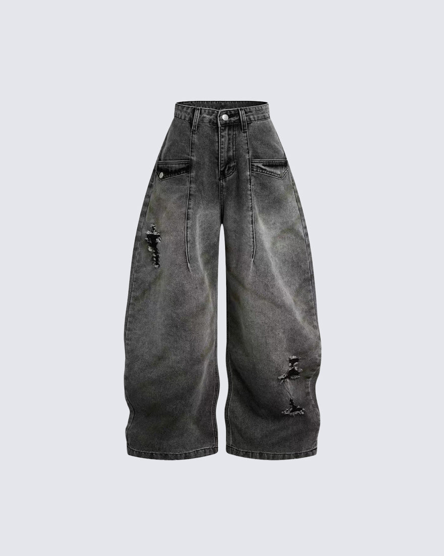 Grunge New Washed Distressed Wide Denim Pants