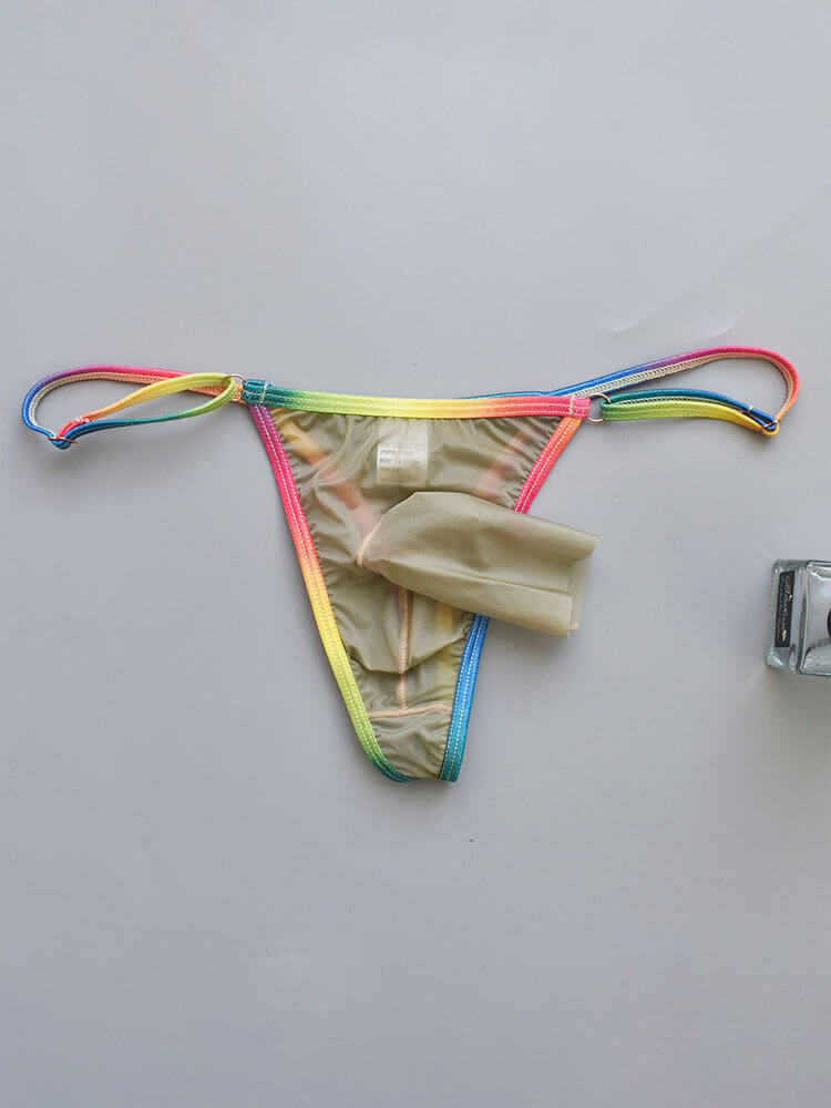 Men's Sexy Rainbow Trim Sheer Open Pouch Thong