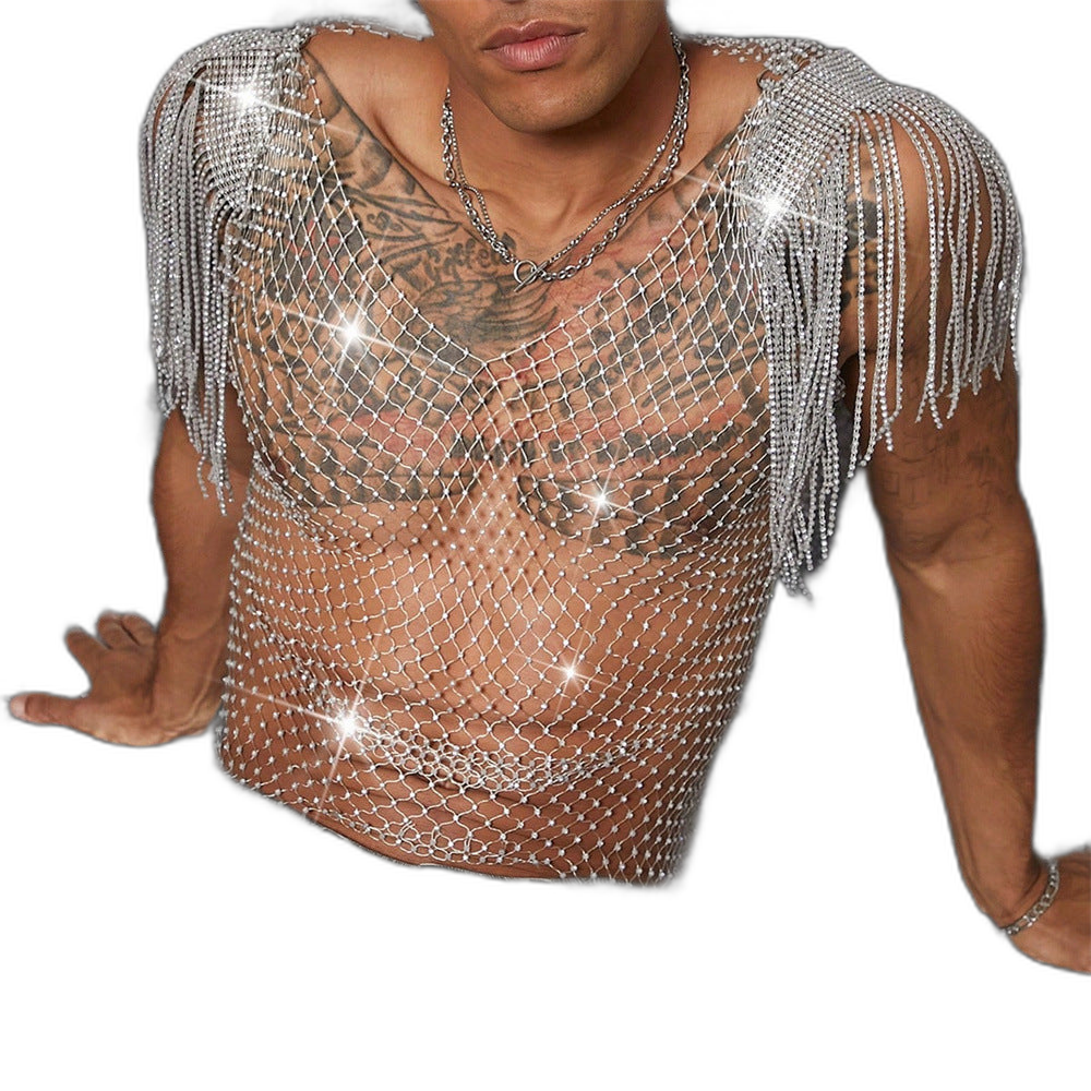 Rhinestone Fringe Mesh Top