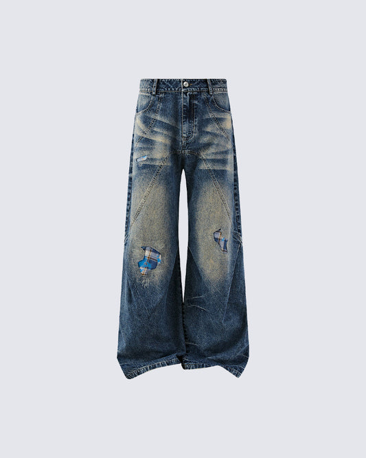 New Vintage Grunge Washed Patchwork Wide Barrel Jeans