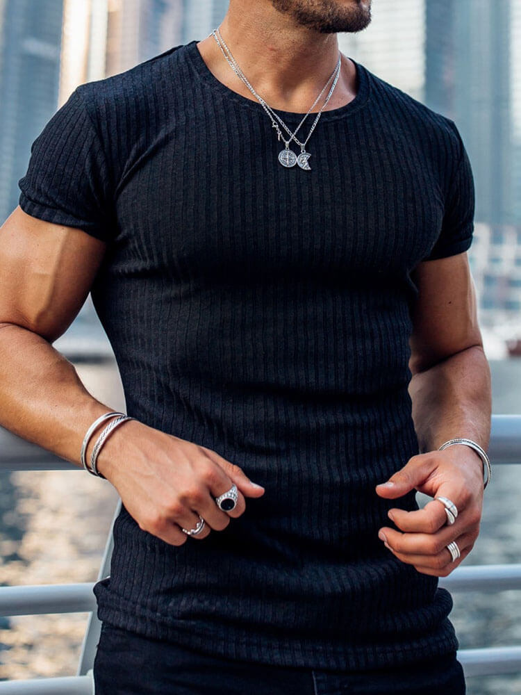 Men's Round Neck Vertical Striped Stretch T-Shirt